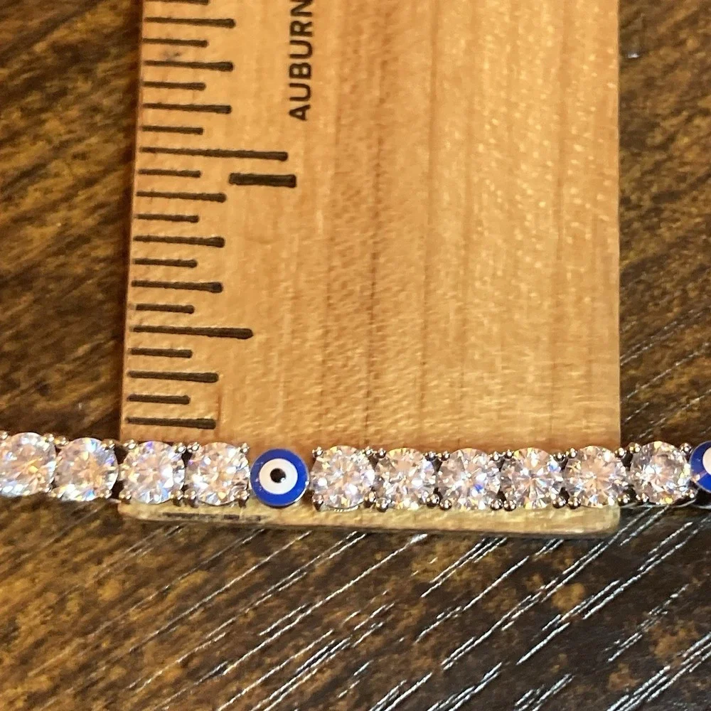 Silver Tone CZ Tennis Bracelet Blue Evil Eye Charm 8in 6mm Crystal